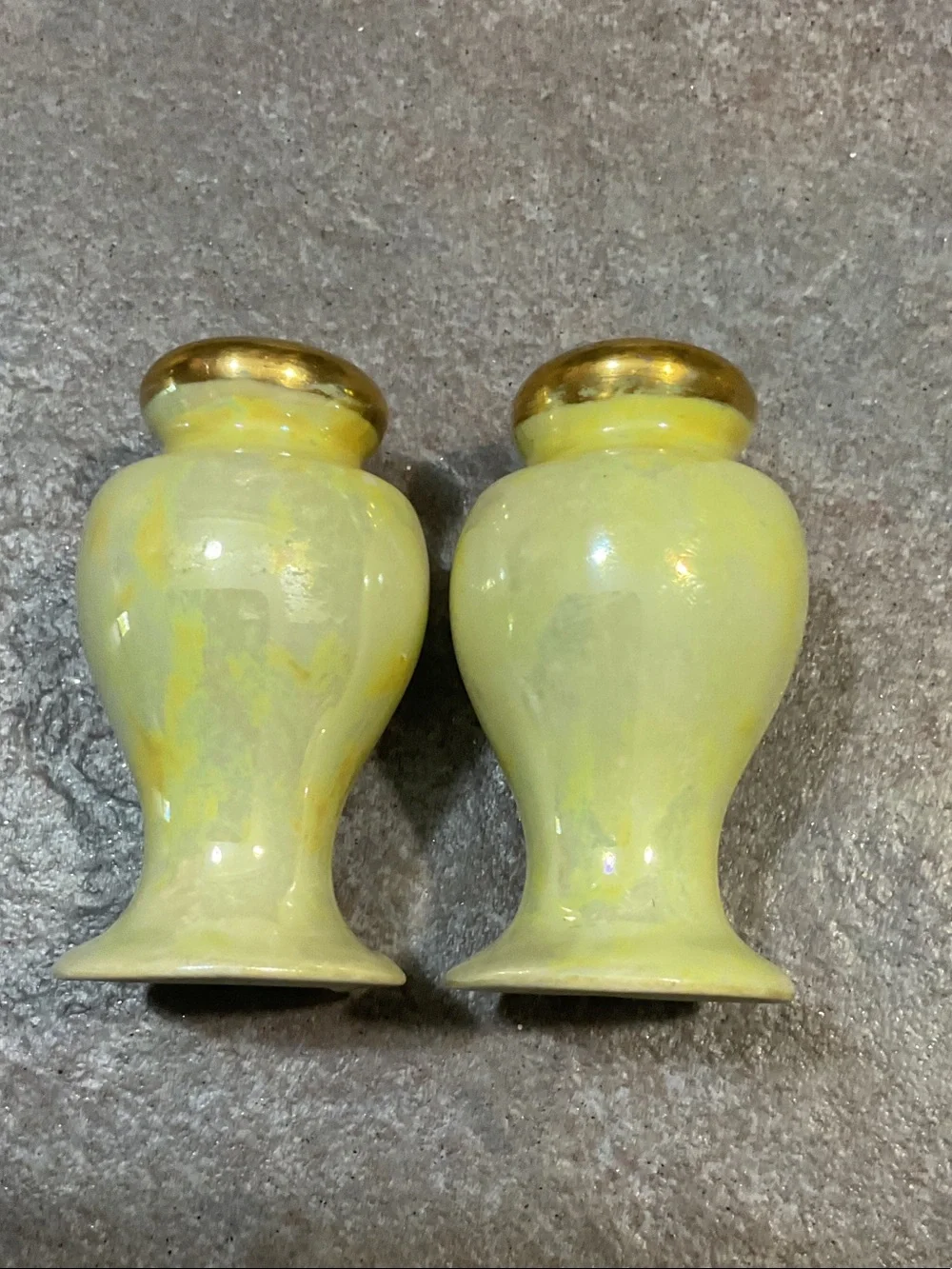 Vintage Ceramic Salt and Pepper Shakers with Gold Tops - Yellow